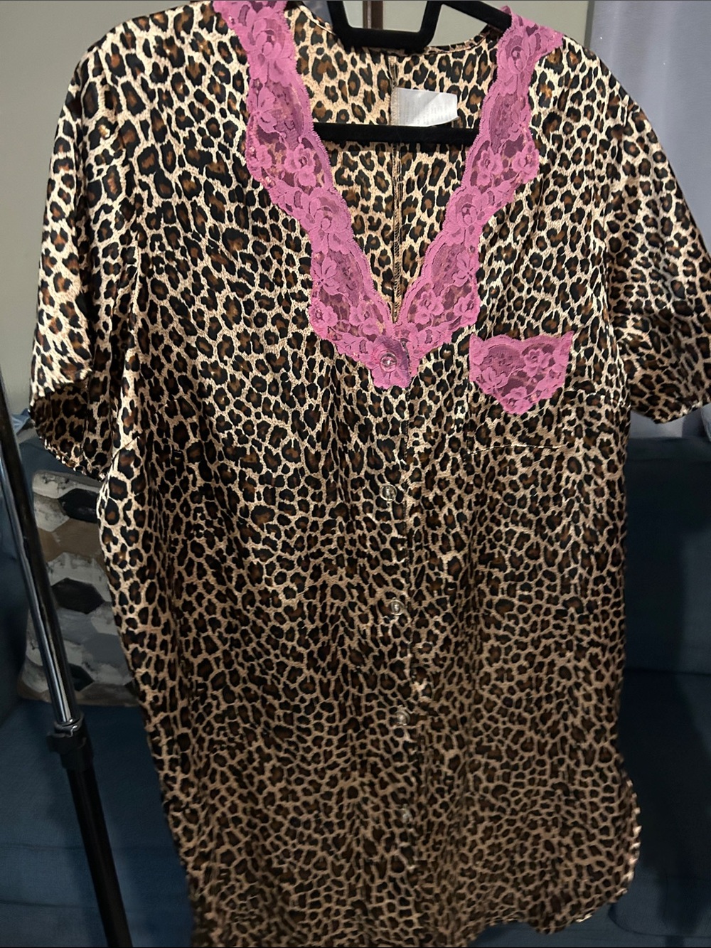 Leopard Satin Chemise with Pink Lace Trim